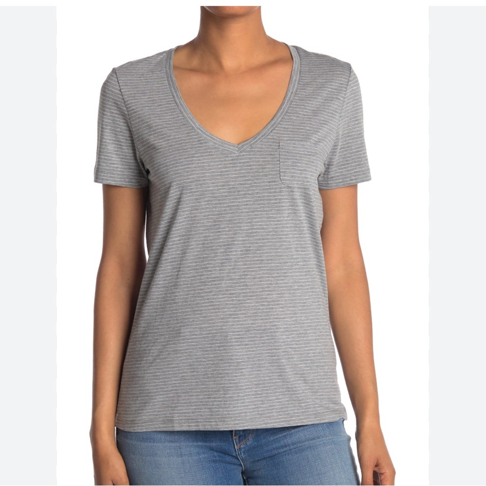 Daniel Buchler Heather Gray Striped V-Neck Cotton Blend T-Shirt Size Large